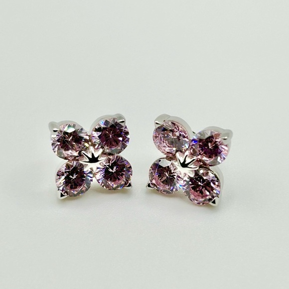 Elegant Pink Crystal Flower Stud Stirling Silver Earrings-New! - Picture 2 of 4